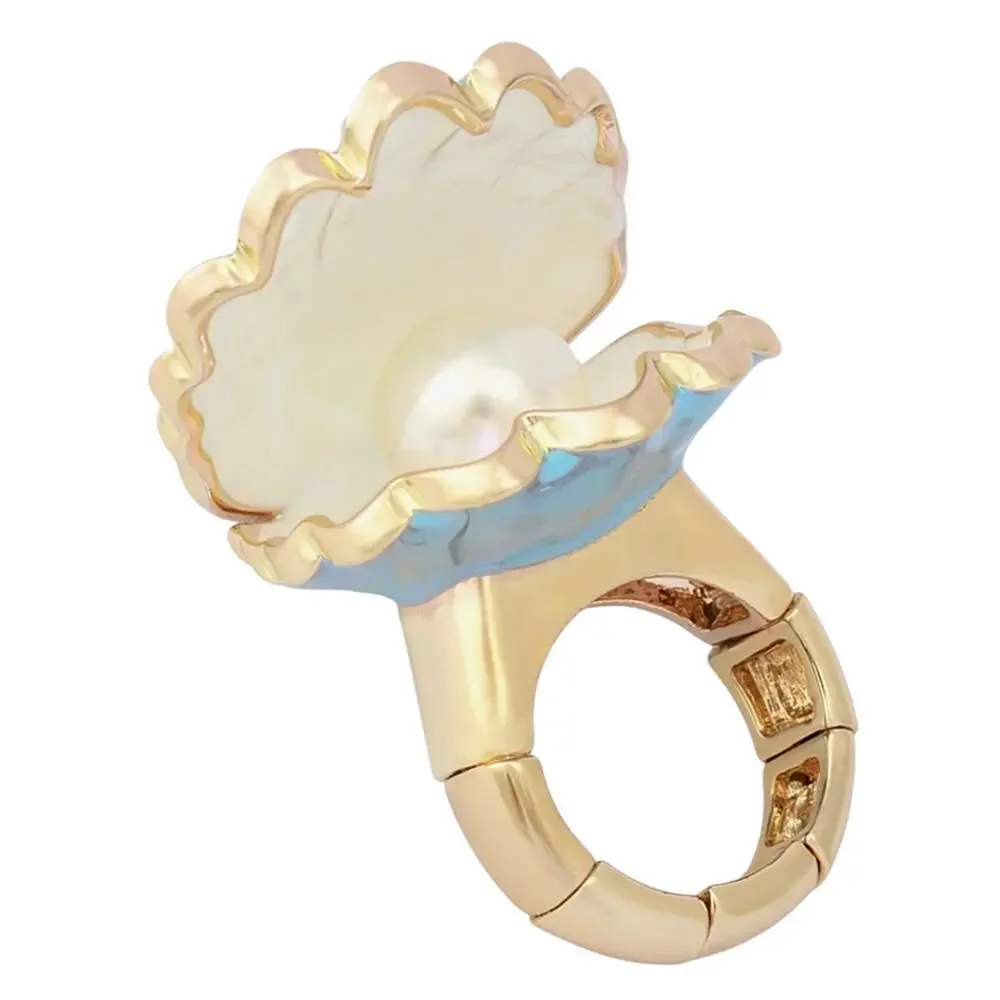 Betsey Johnson Clam Shell Stretch Cocktail Ring Gold Tone Blue Crystal Pearl